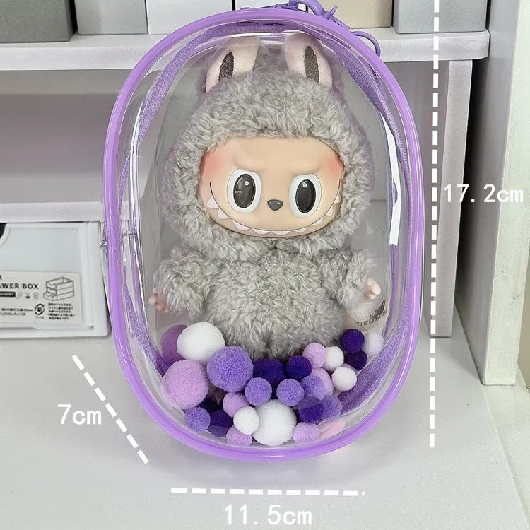 Transparent PVC cotton doll storage bag 17cm cube with keychain attachment options