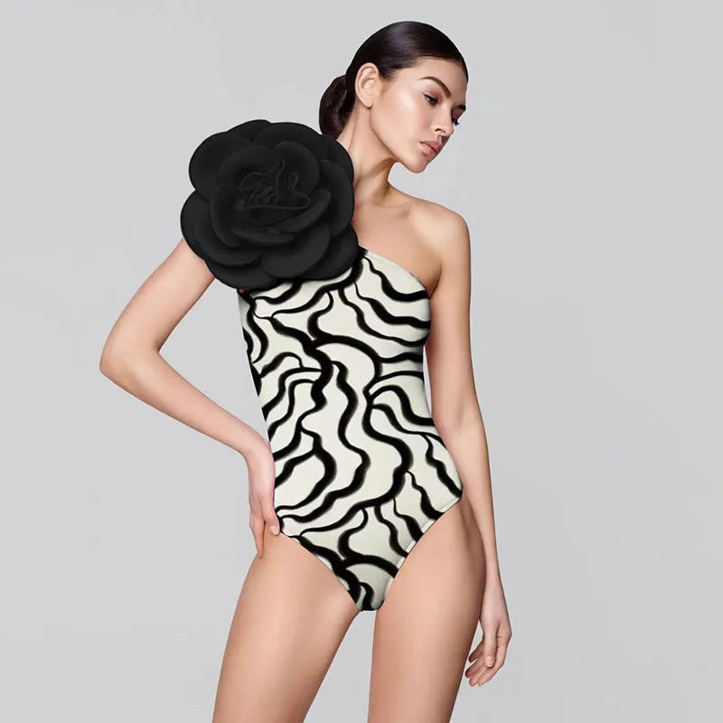 Women's one-piece swimsuit with three-dimensional flower design in polyester fabric for swimming