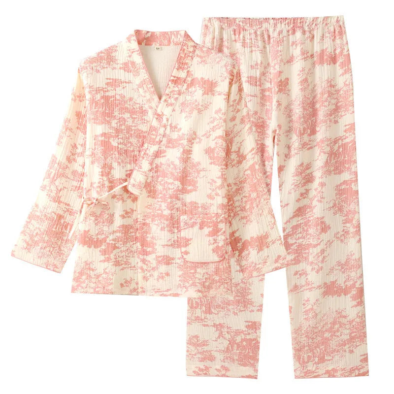 Women's cotton double-layer gauze lounge suit with lace-up detail in frosted pine trees colour