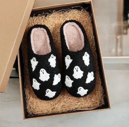 Halloween cartoon ghost hand thermal cotton slippers with suede upper and rubber non-slip sole indoor footwear