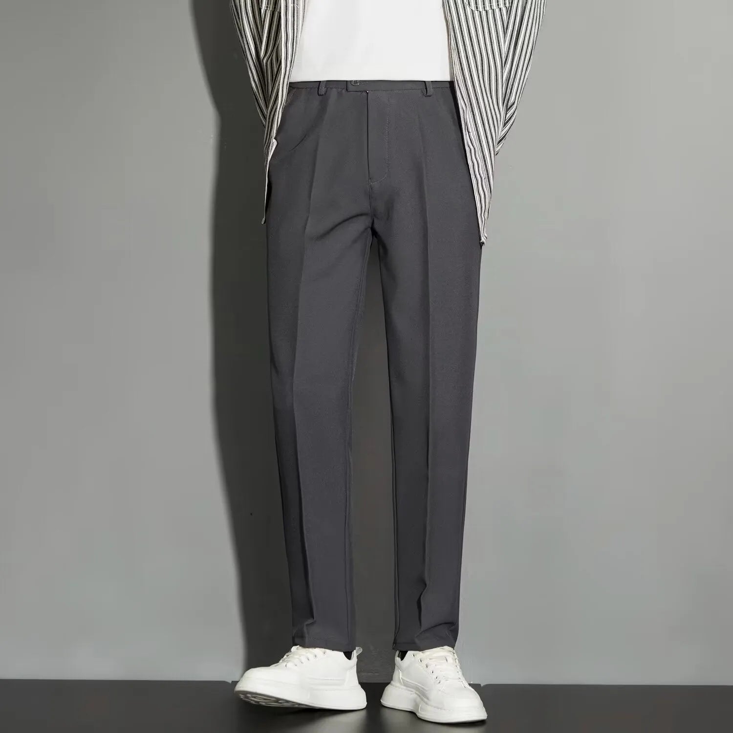 Men's straight leg ankle-length suit trousers in a polyester blend fabric, shown in multiple colours.