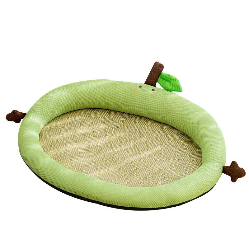 Green pet cooling mat nest with fruit-shaped backrest for dogs and cats, size L 65x50cm.