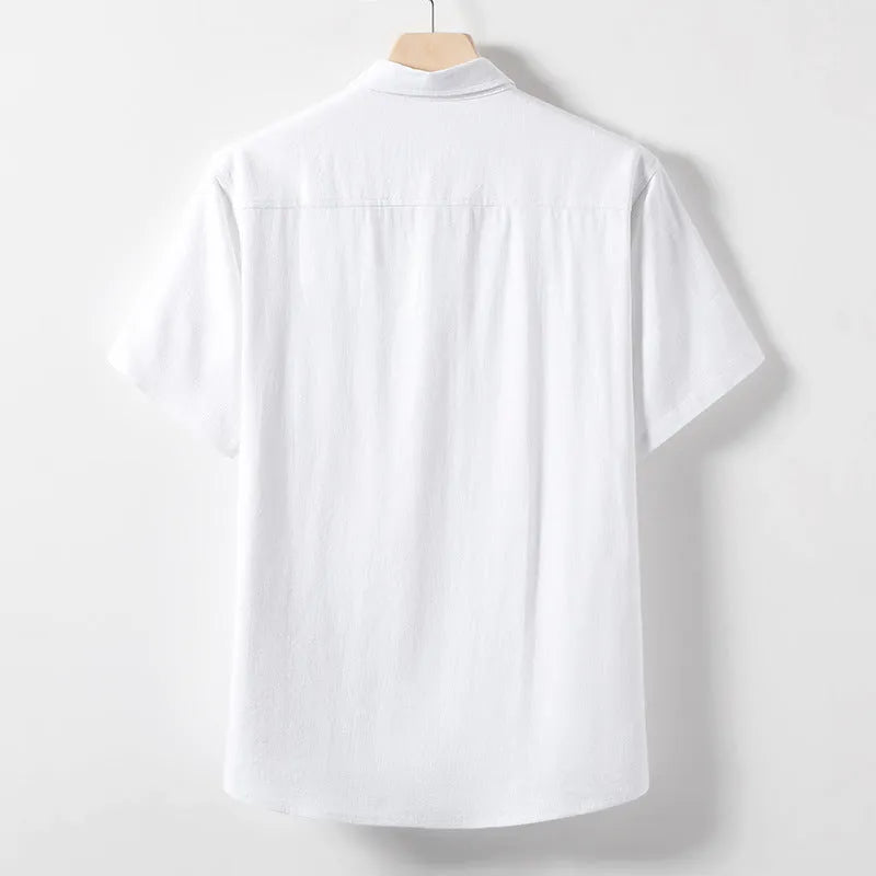 Men's loose linen T-shirt with lapel collar in optic linen colour.