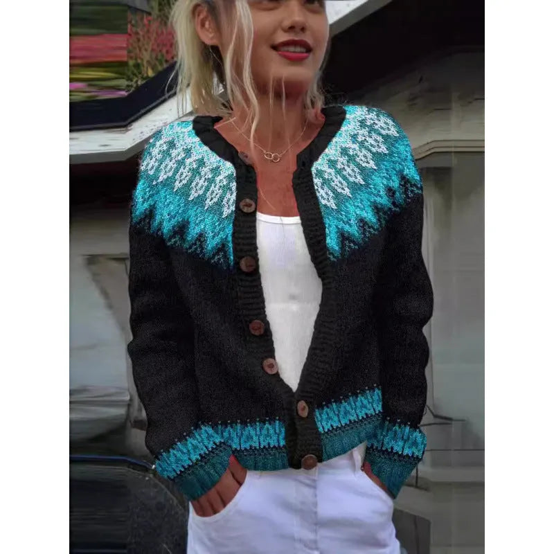 Yellow digital printing cardigan knitted coat with 3D effect pattern, regular sleeves, gentle style