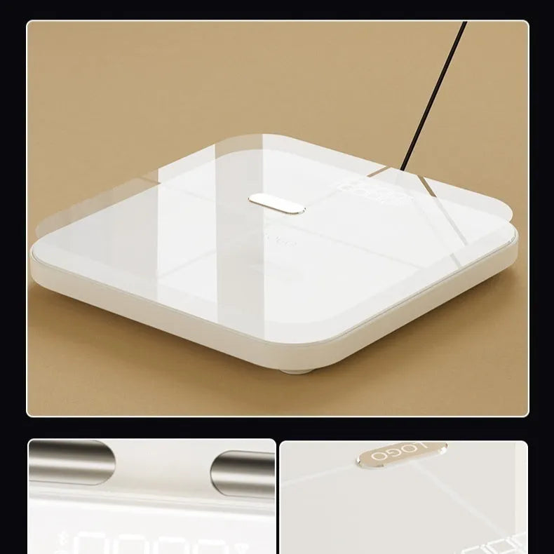 White professional body fat scale with 8 electrodes, LED display, and USB charging port