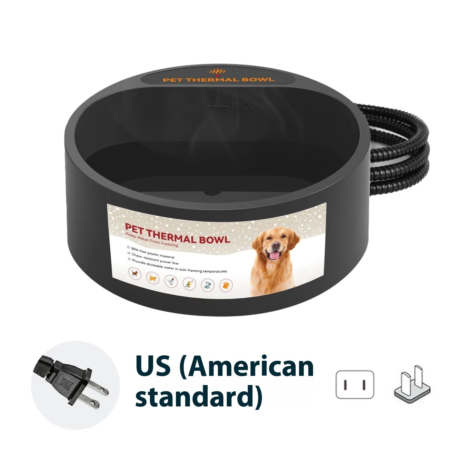 Black ABS plastic pet heating bowl with constant temperature function and 2.2L capacity
