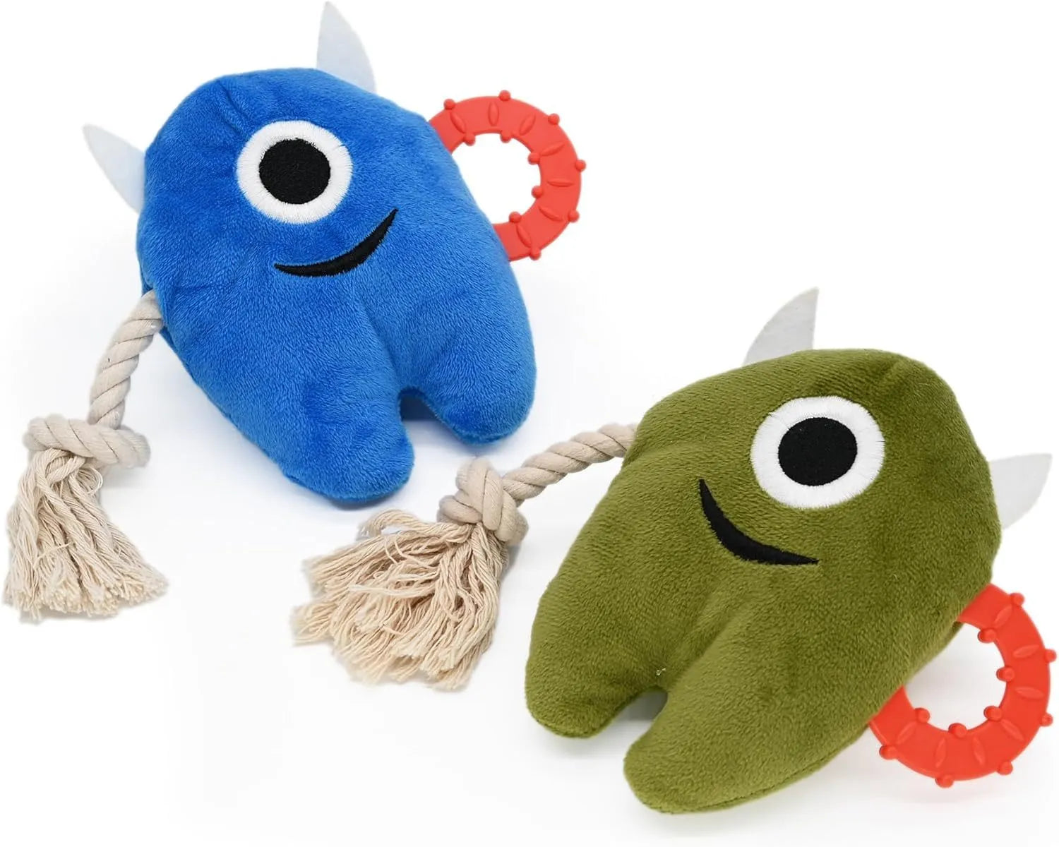 Blue and green dog chew toy with plush body and rope sections