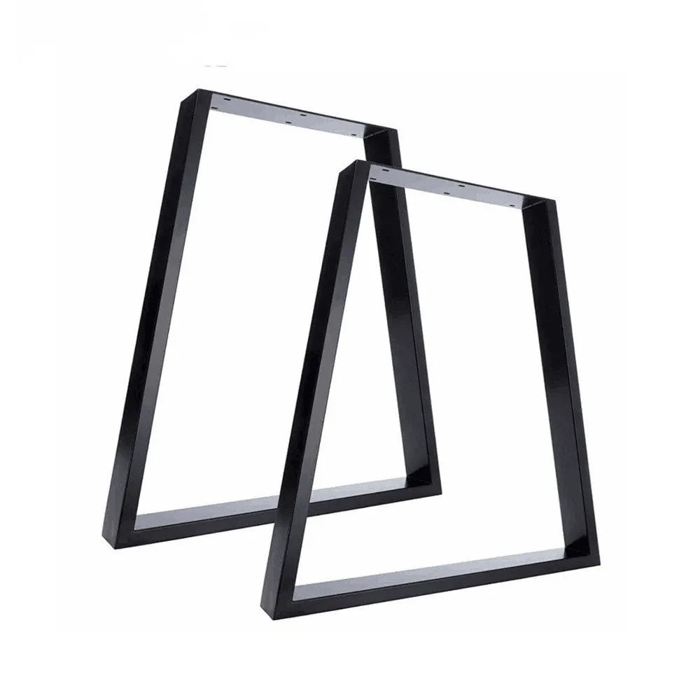 Wrought iron table legs in matte black finish with screws and foot pads on floor