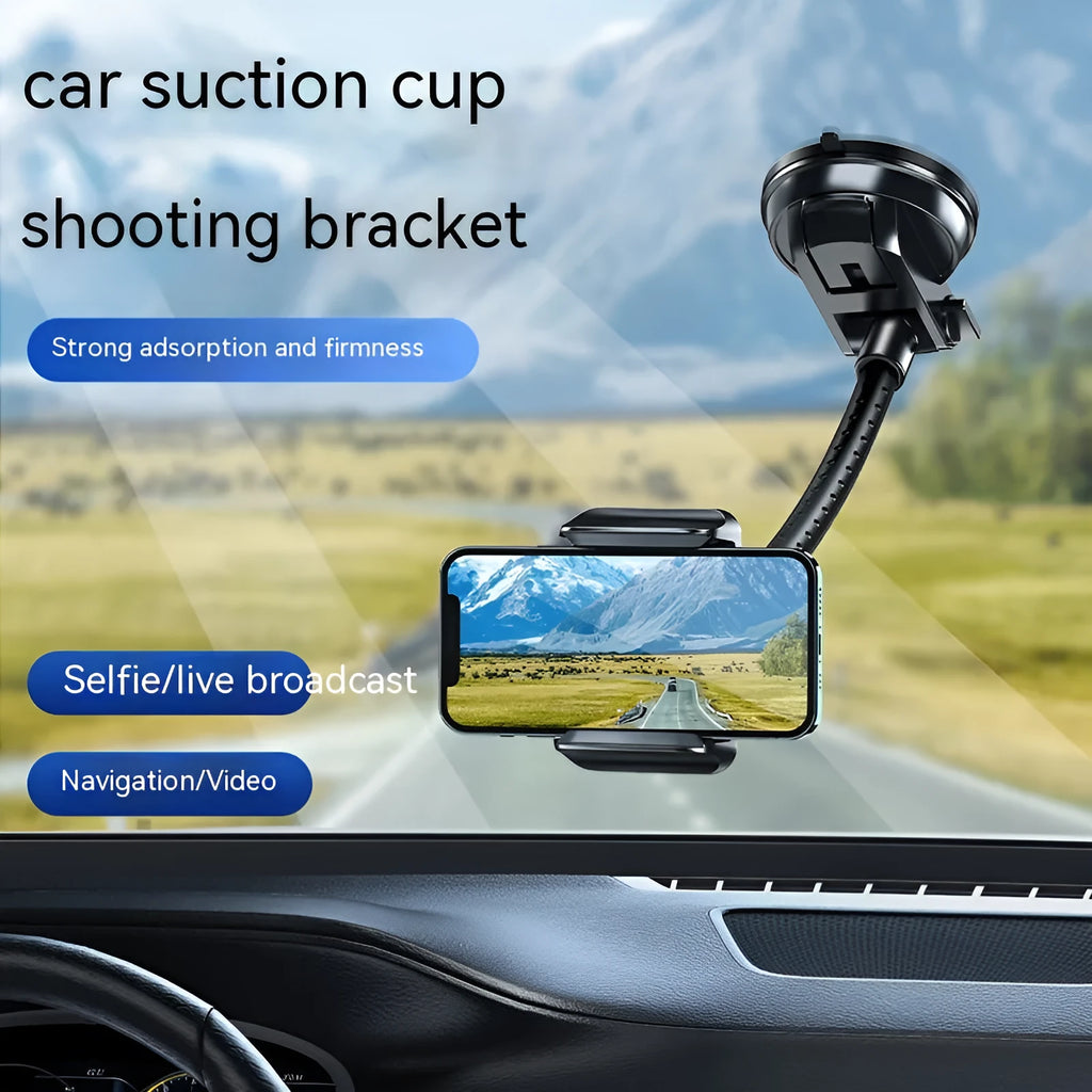 Black universal rotating car mobile phone bracket with metal construction and double supercharged clamp
