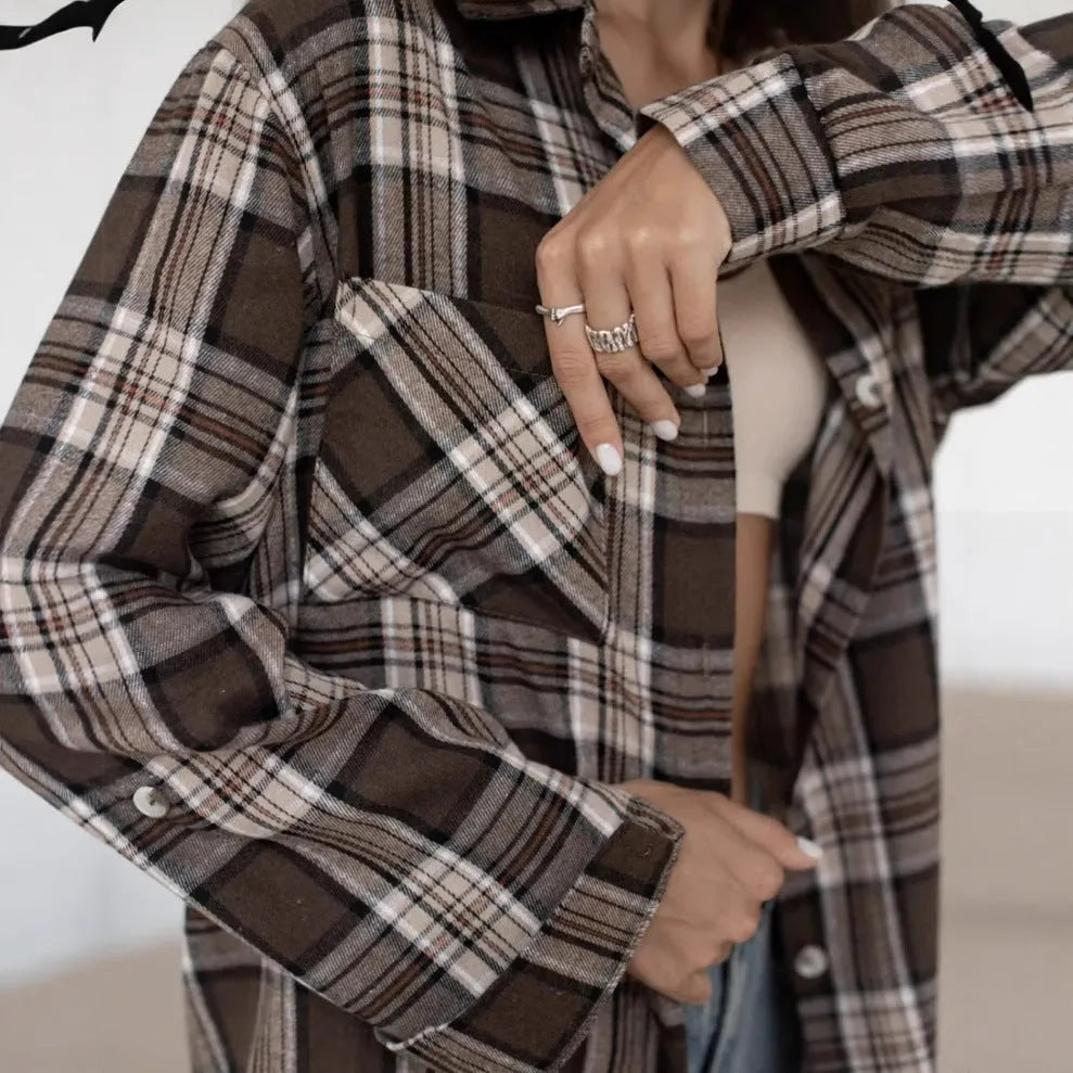 Dark brown striped women's long sleeve shirt in retro style, shown with and without a chest pocket.