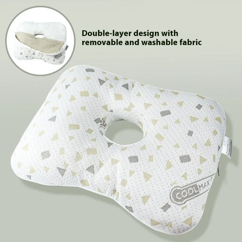 Single-hole ear pillow in plaid grey with detachable cover, shown with dimensions 39cm by 28cm.