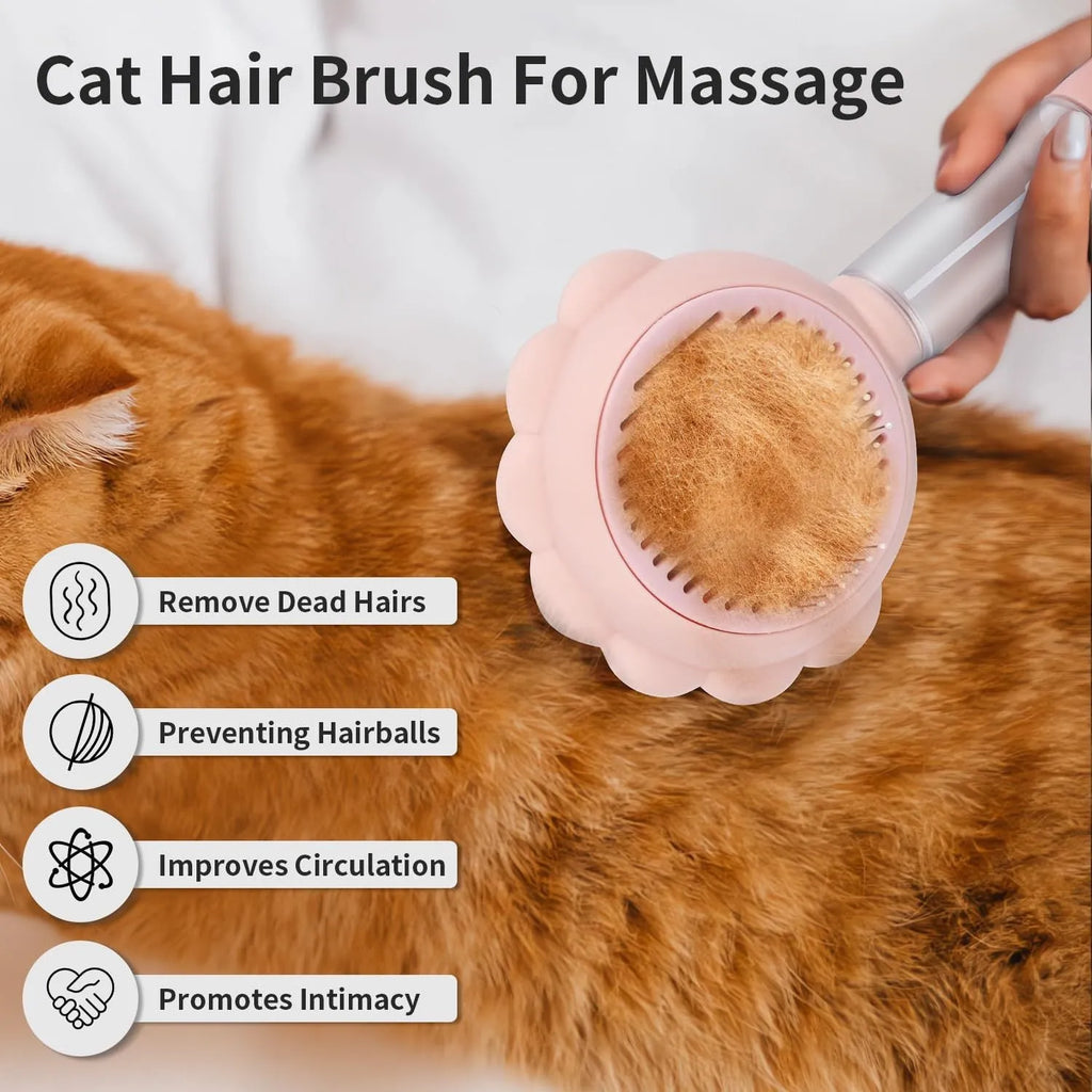 Grey spray cat grooming brush with release button and stainless steel bristles on a white background