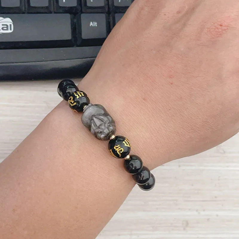 Natural Silver Stone bracelet for men with beaded design, Chinese-style zodiac elements, and proverb inscription