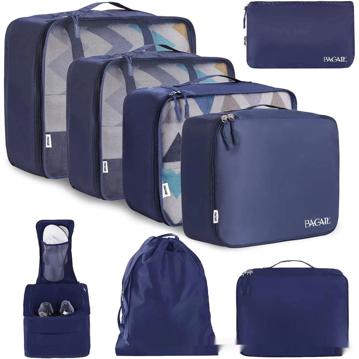 Set of eight cubic-shaped travel packing bags in assorted colours including beige, black, pink, and leopard print patterns.
