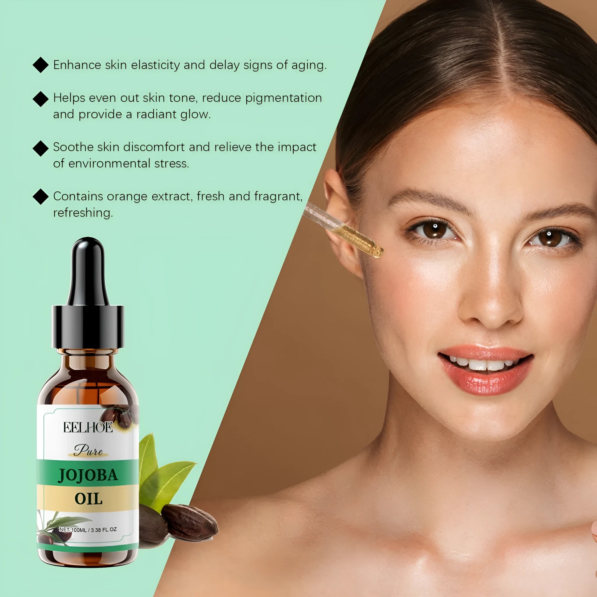 100ml amber glass bottle of organic jojoba oil firming and hydrating facial moisturiser.