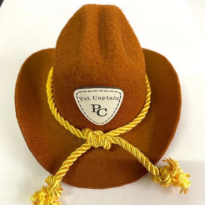 British style cowboy hat for cats in brown with decorative trim