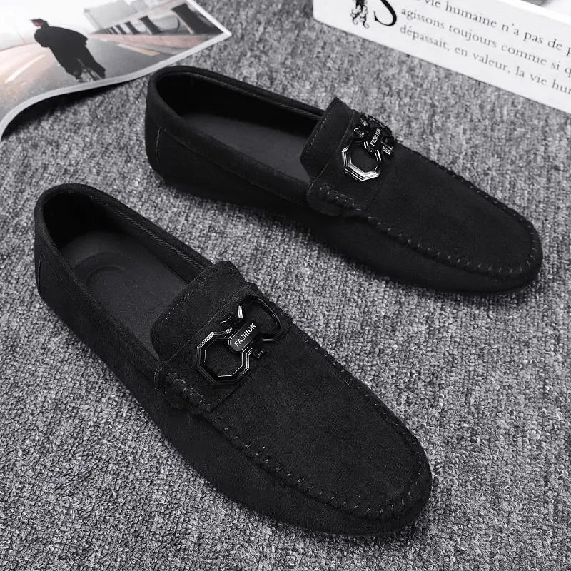 Men's black suede casual shoes with rubber sole, breathable summer footwear