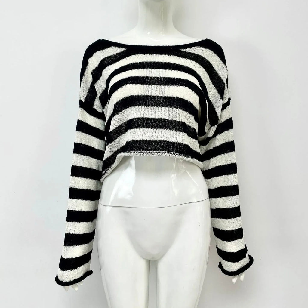 Striped long-sleeved pullover sweater in mercerized cotton shown in multiple colours with front and back wearable design.