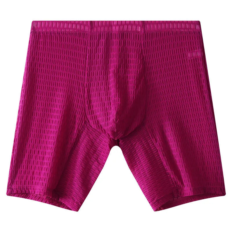 Men's lace boxer shorts in nylon fabric on a mid-waist mannequin, showing transparent knitted construction.
