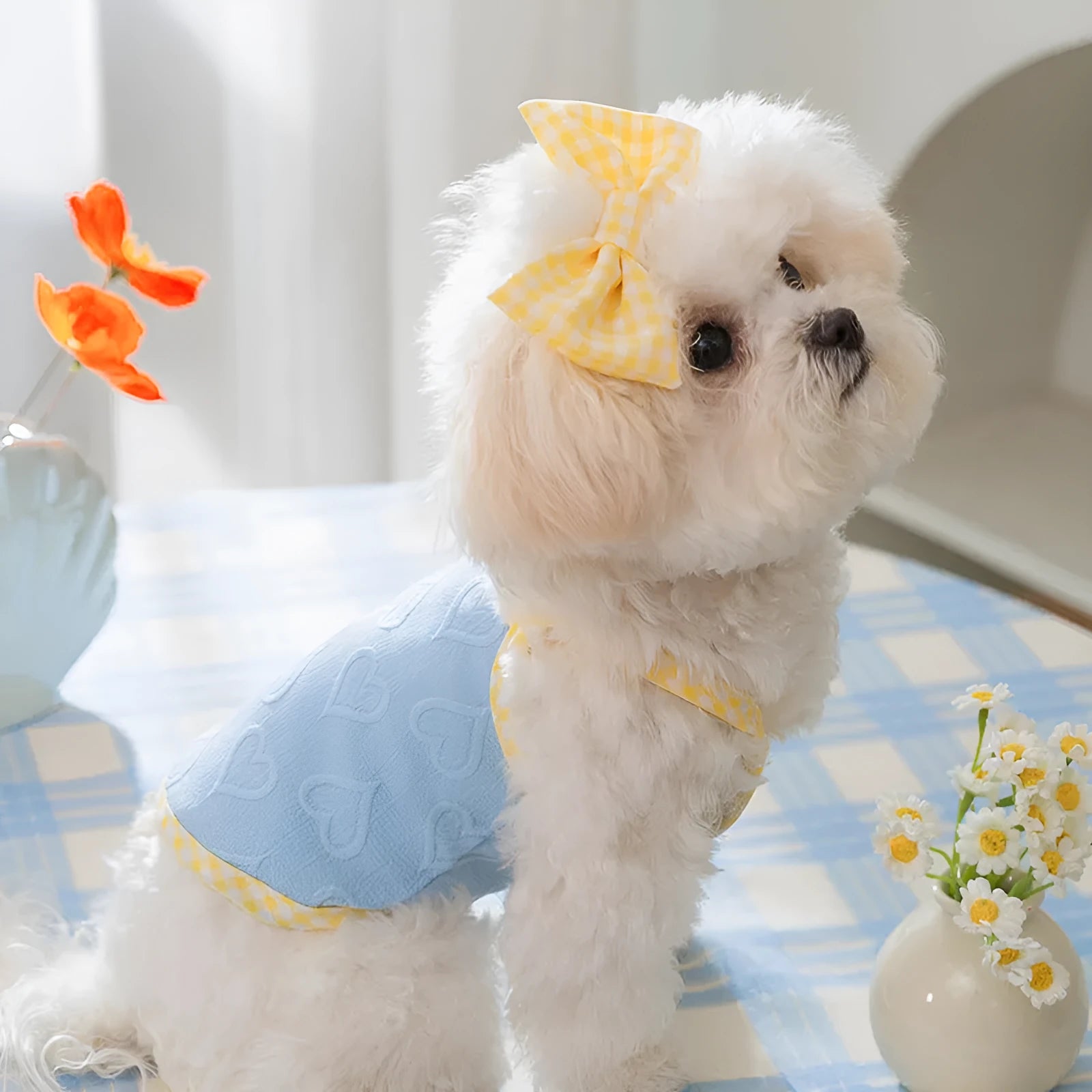 Small dog wearing heart pattern bow suspenders vest with matching hairband in Bondi Blue colour