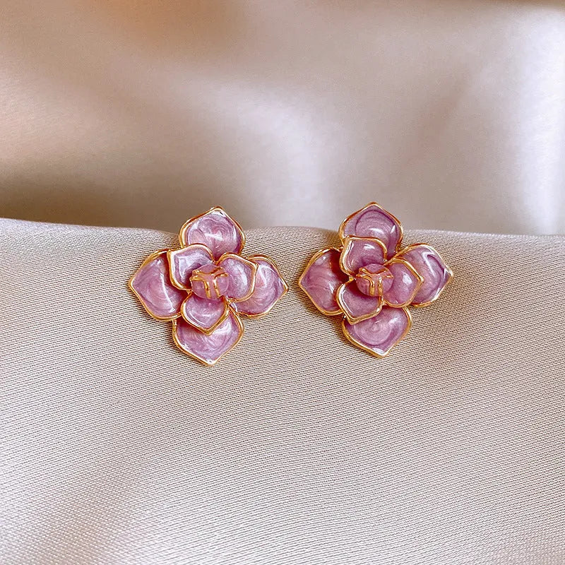 Gold-plated purple oil-spot glaze floral stud earrings with copper construction