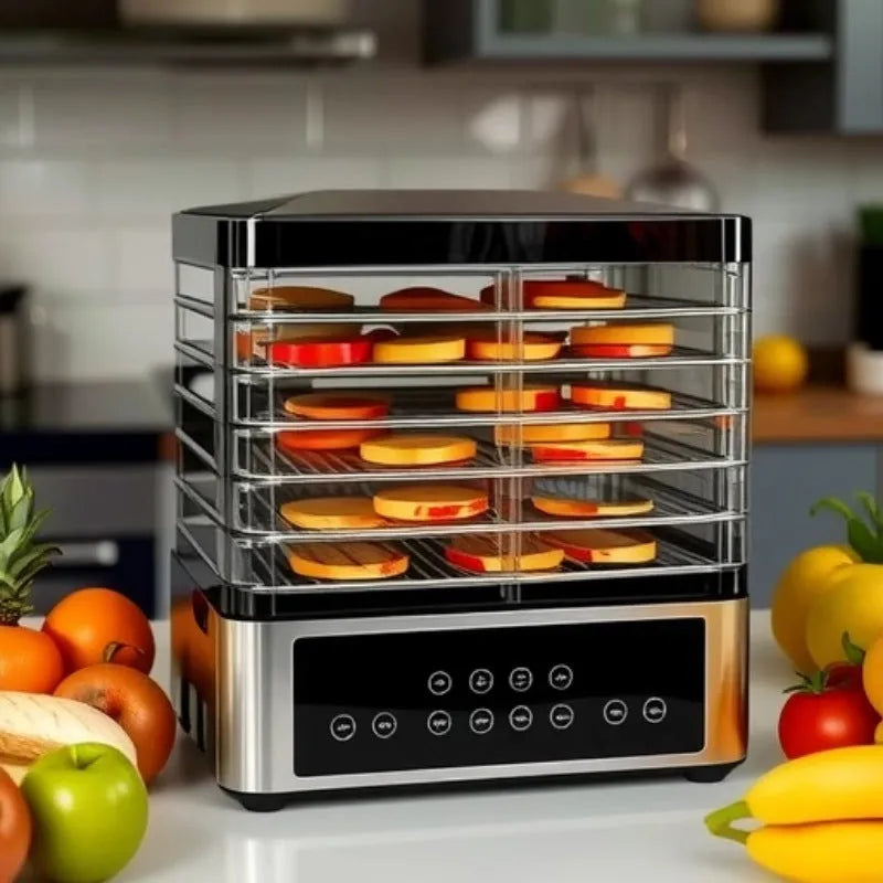 Silver stainless steel food dehydrator with 14-litre capacity and adjustable temperature controls