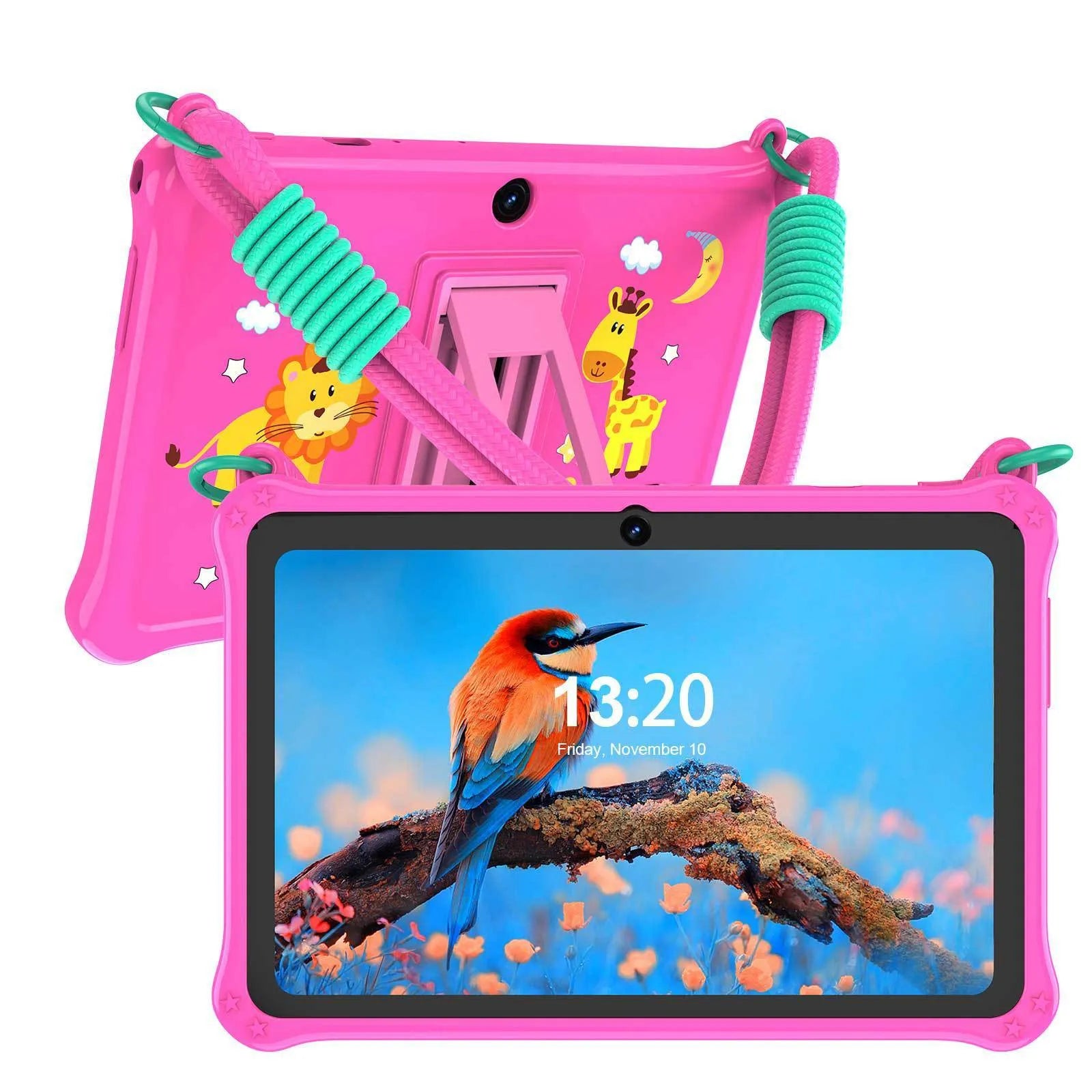 Blue silicone protective case for 7-inch children's tablet with flat carrying strap