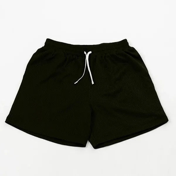 Men's solid colour mesh quick-drying shorts in black, shown flat.