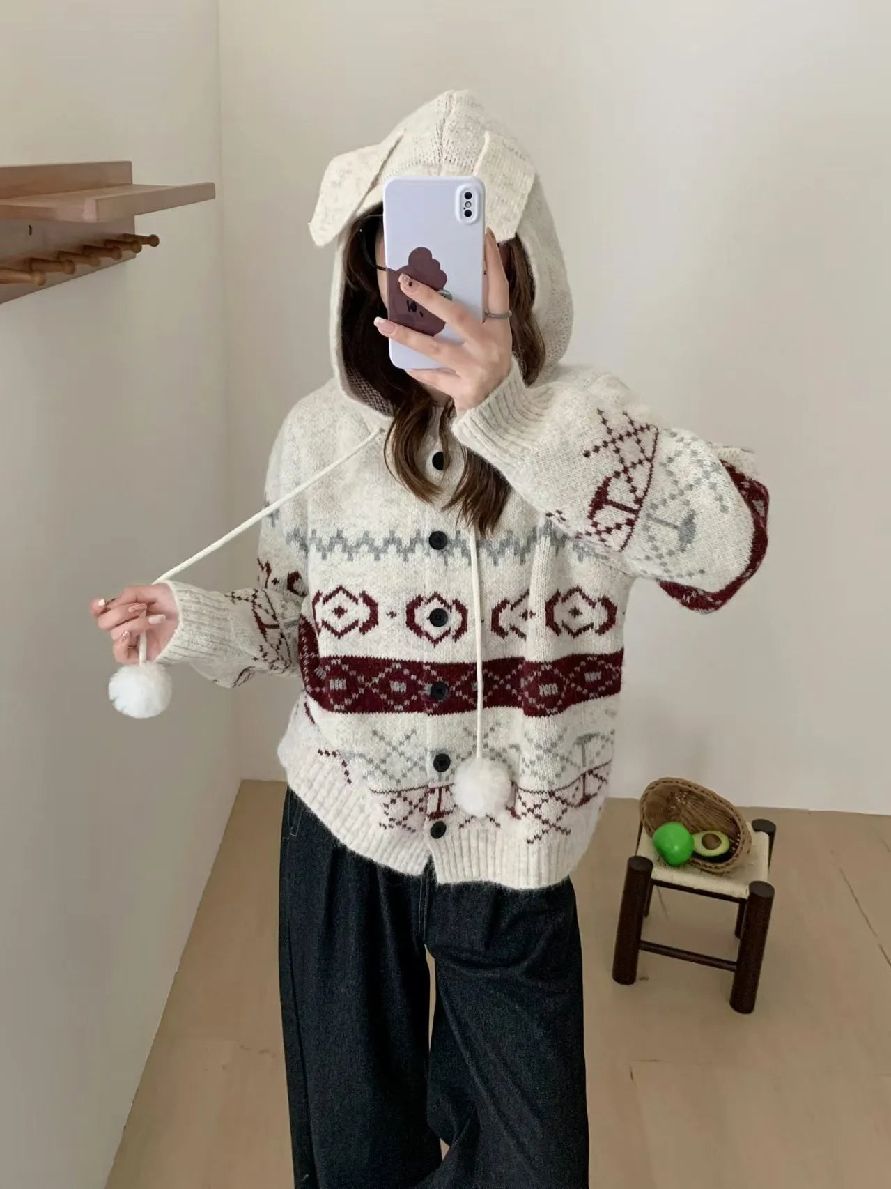 Plus size women's geometric brocade sweater coat in milky white loose fit