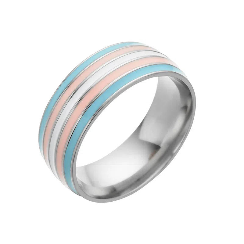 Bisexual pride stainless steel geometric ring in style 1, silver finish, size 10, unisex alternative design