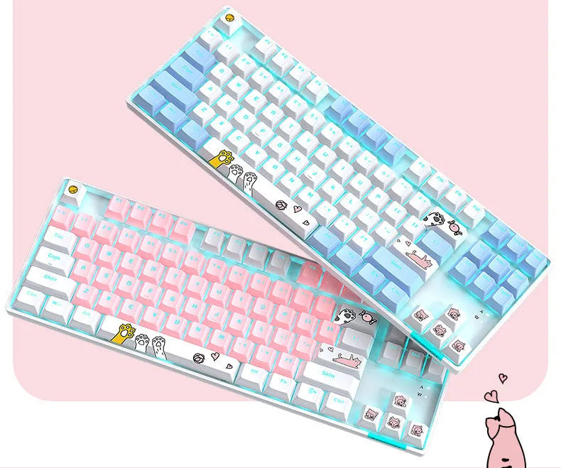 87-key RGB green shaft mechanical keyboard with metal panel, pink and white colour, and cotton hand rest