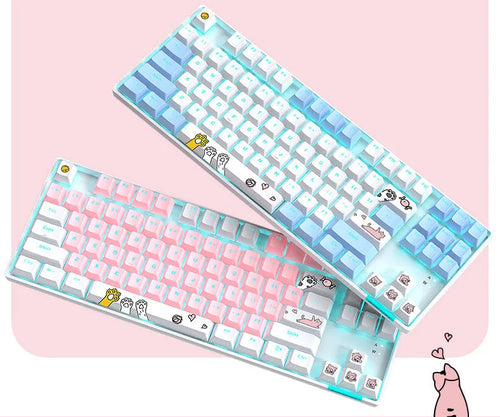 87-key RGB green shaft mechanical keyboard with metal panel, pink and white colour, and cotton hand rest