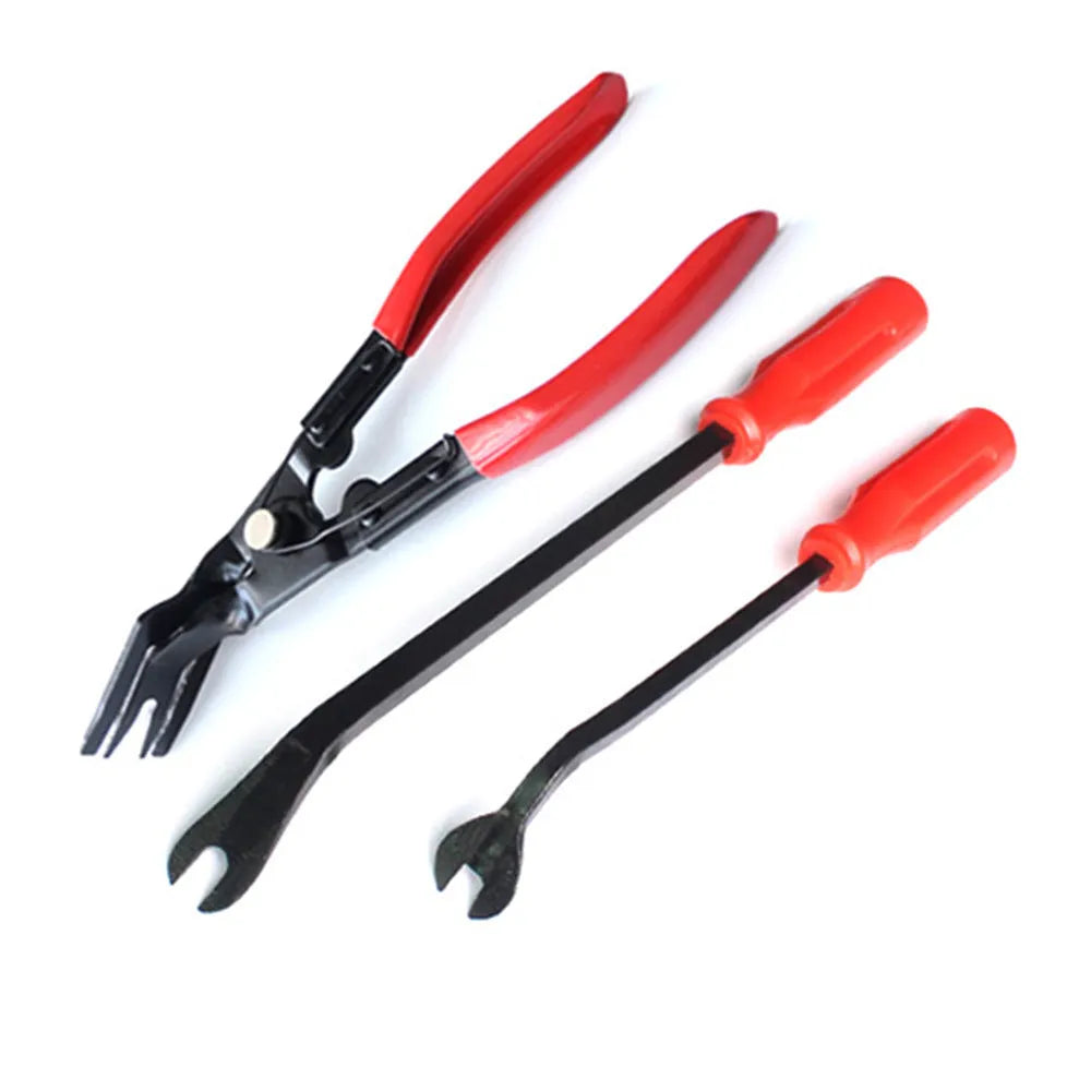 Red-handled steel automotive trim removal pliers for General Motors door panels.