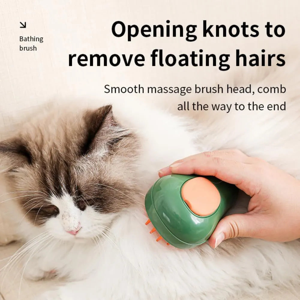 Green and white rechargeable cat steam grooming brush with silicone teeth on a wooden table.