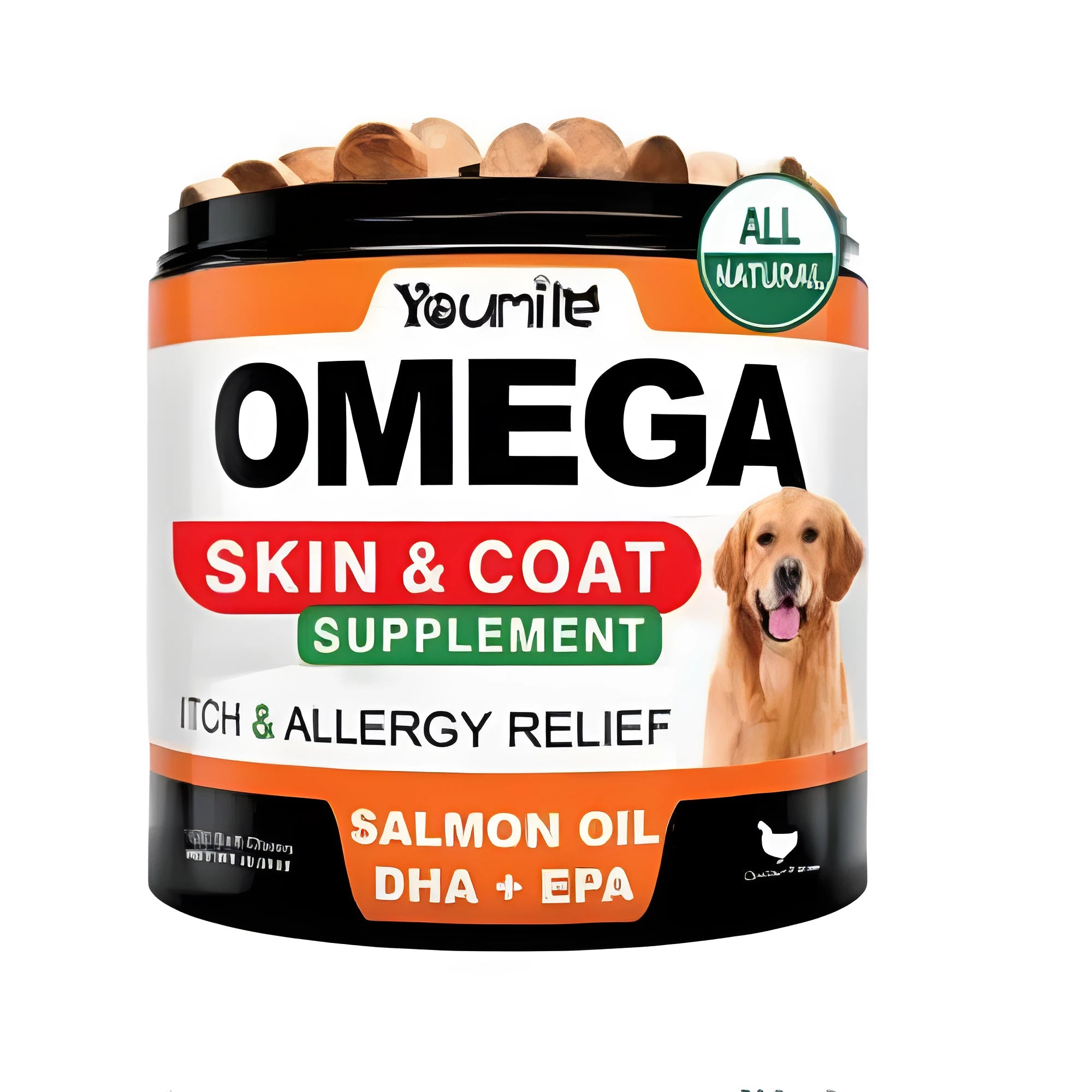 120 fish oil chewing capsules in bottle with omega-3 EPA DHA supplement label