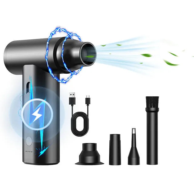Mini handheld rechargeable dust blower with ABS shell, USB cable, and continuous speed change button