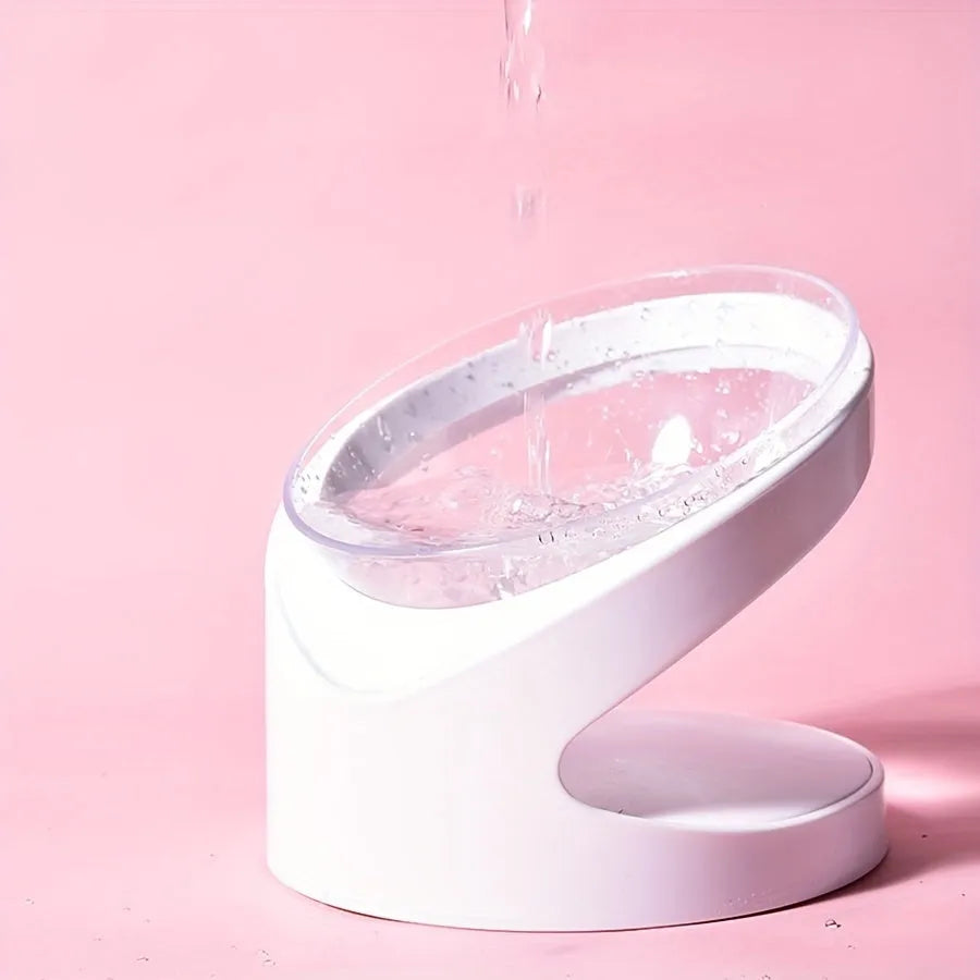 Clear white elevated cat food bowl with ergonomic tilt design for neck support