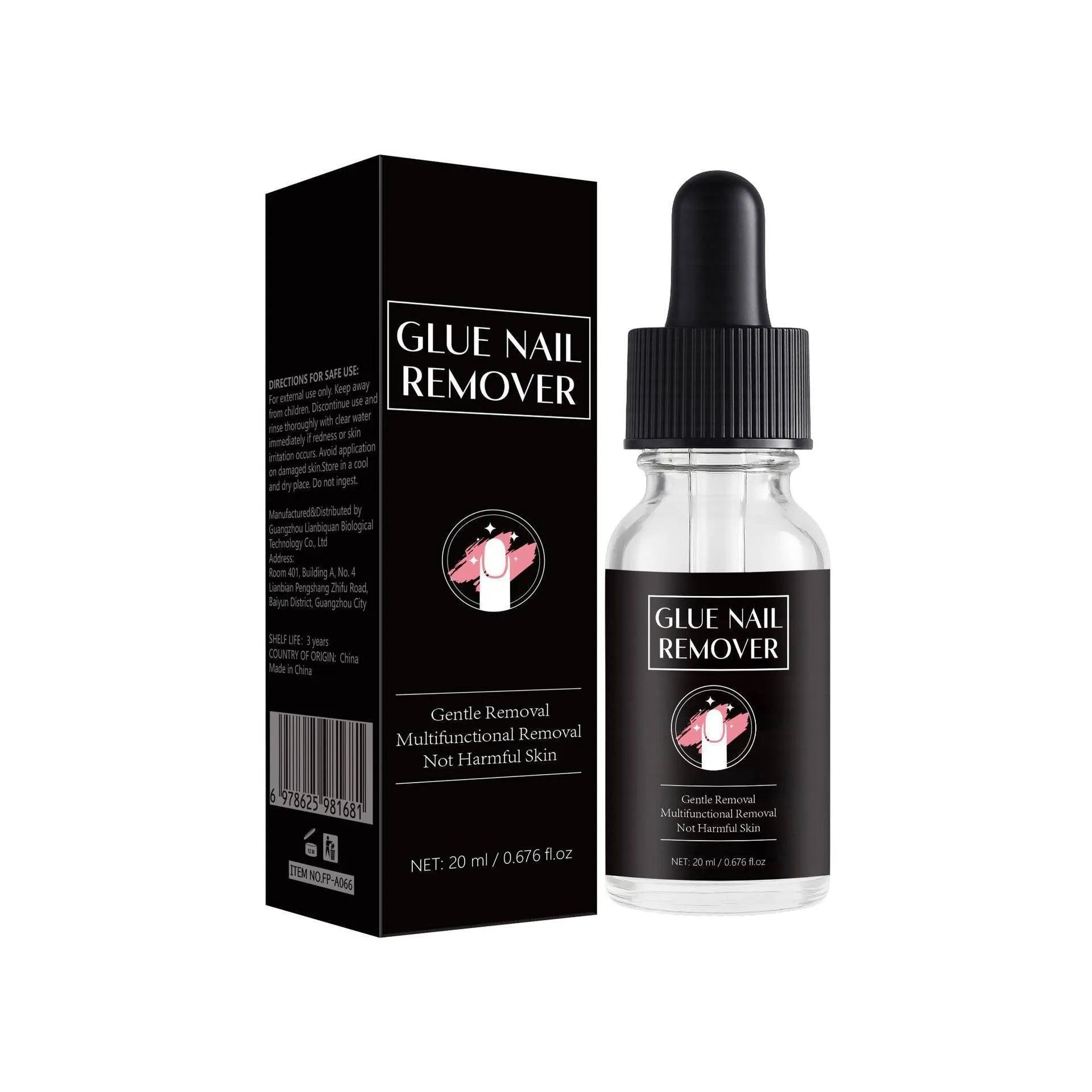20ml bottle of nail glue remover gel with applicator tip, specification FP-A066.