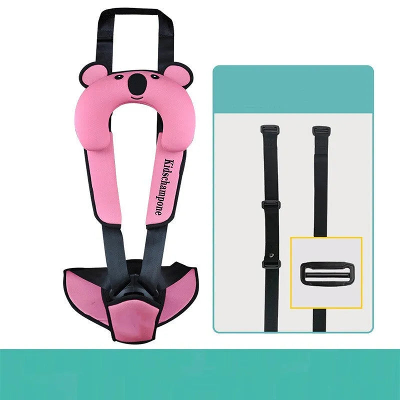 Portable child seat belt retainer in rose pink measuring 33x22x9.5cm for children 12-36kg