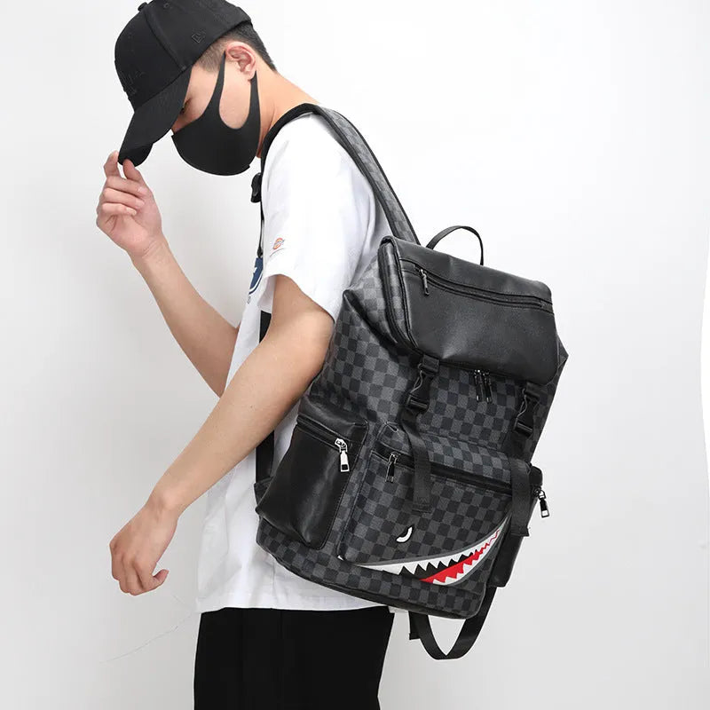 Korean casual checkered printed large capacity backpack in PU leather with curved shoulder strap