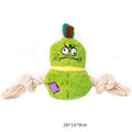 Green and purple interactive dog toy with plush fabric and rope knot construction for tug-of-war games