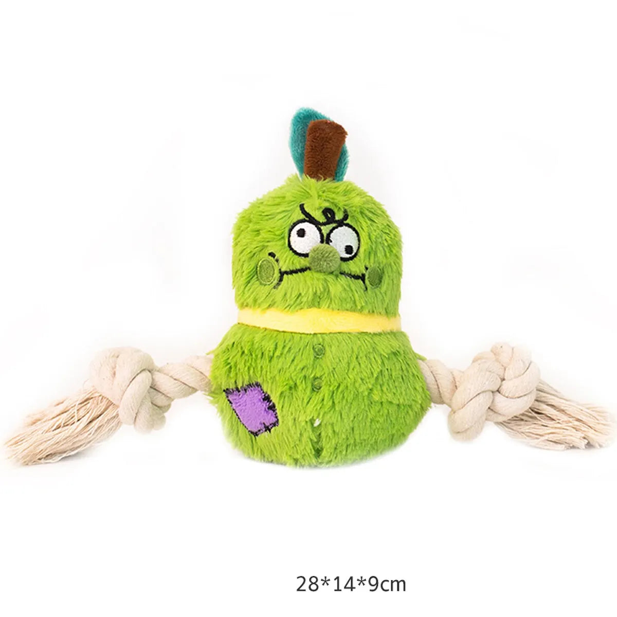 Green and purple interactive dog toy with plush fabric and rope knot construction for tug-of-war games