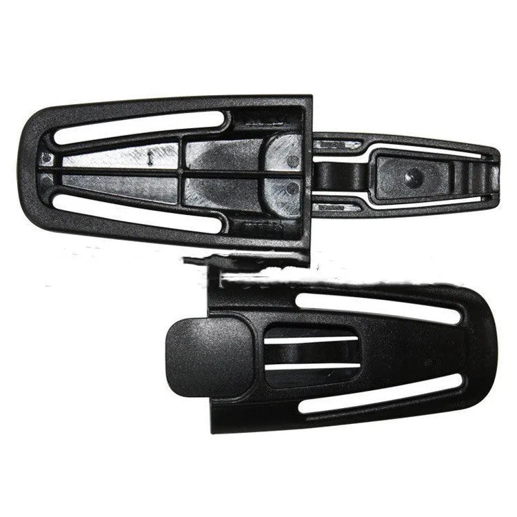 Black nylon seat belt buckle clip for child car seat harness, dimensions 14.5cm by 4cm.