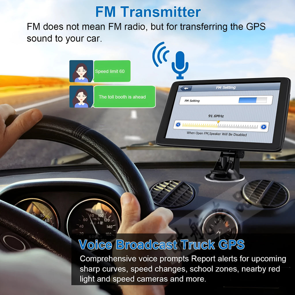Black portable car GPS navigation device with a 7-inch touchscreen, shown mounted on a car windscreen with bracket.