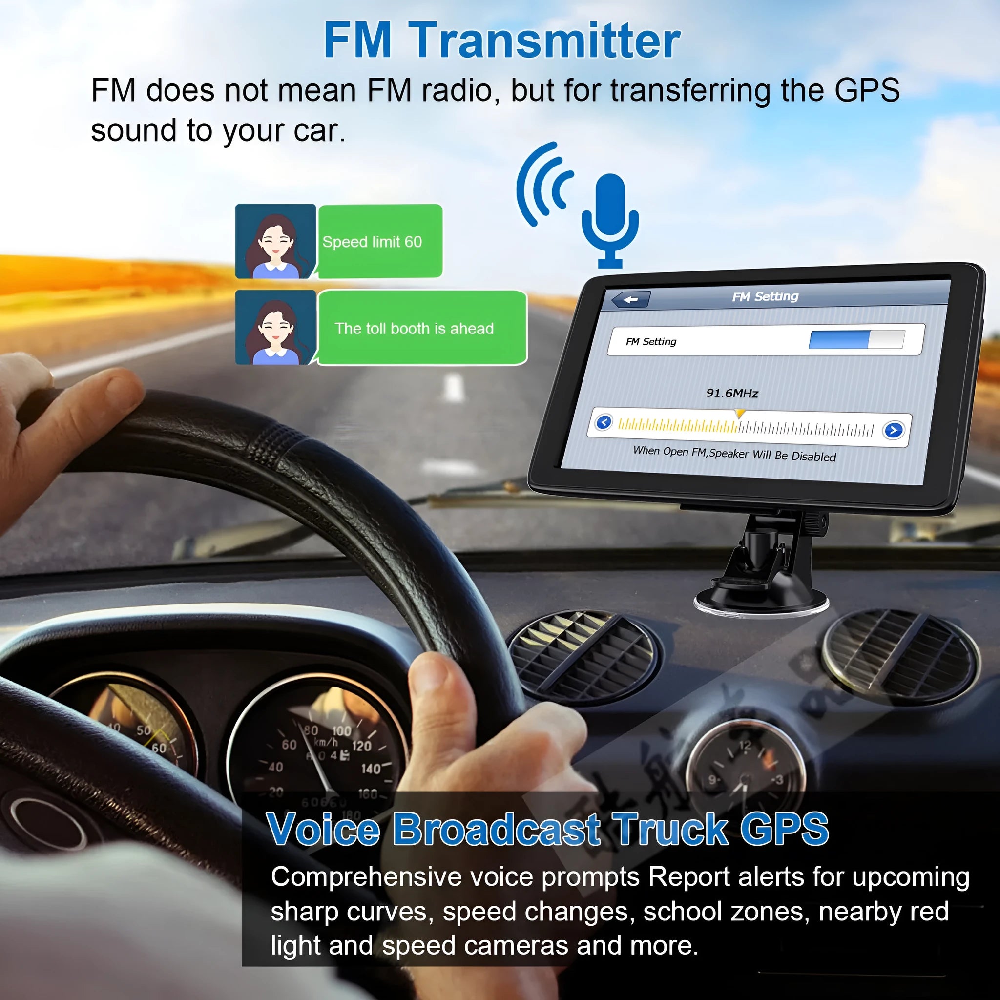 Black portable car GPS navigation device with a 7-inch touchscreen, shown mounted on a car windscreen with bracket.