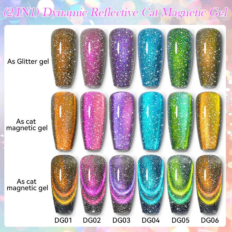 Cat eye series nail polish gel with diamond fragments and glitter in six fluorescent colour options