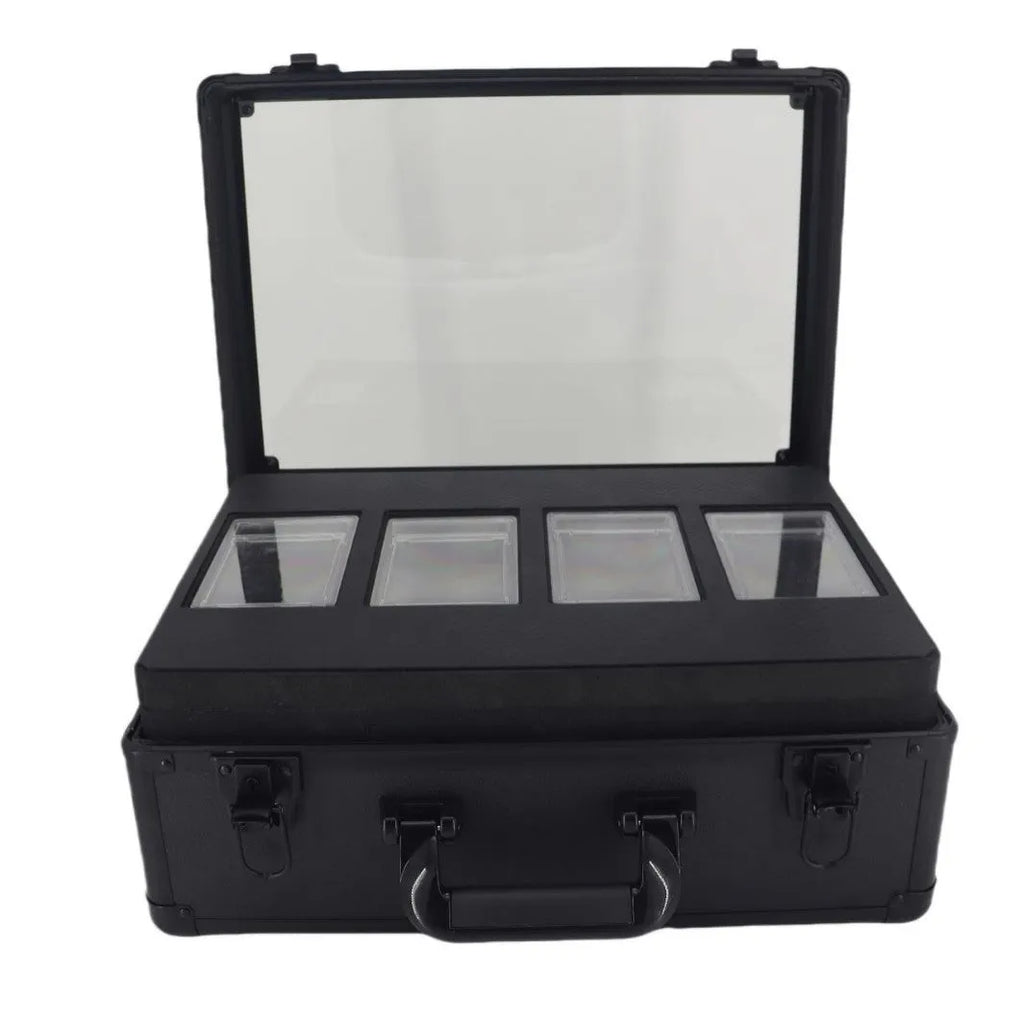 Black aluminium alloy three-slot magnetic card storage box with handle for PSA BGS graded trading cards