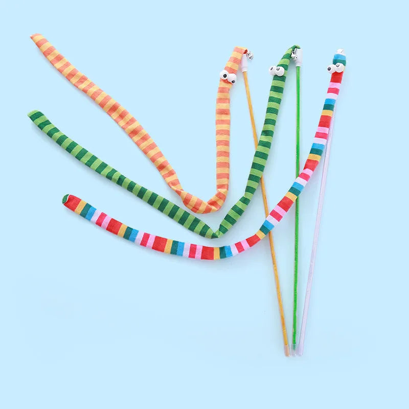 Cat wand toy with polycarbonate handle and long plush strip in vivid colours for interactive cat play
