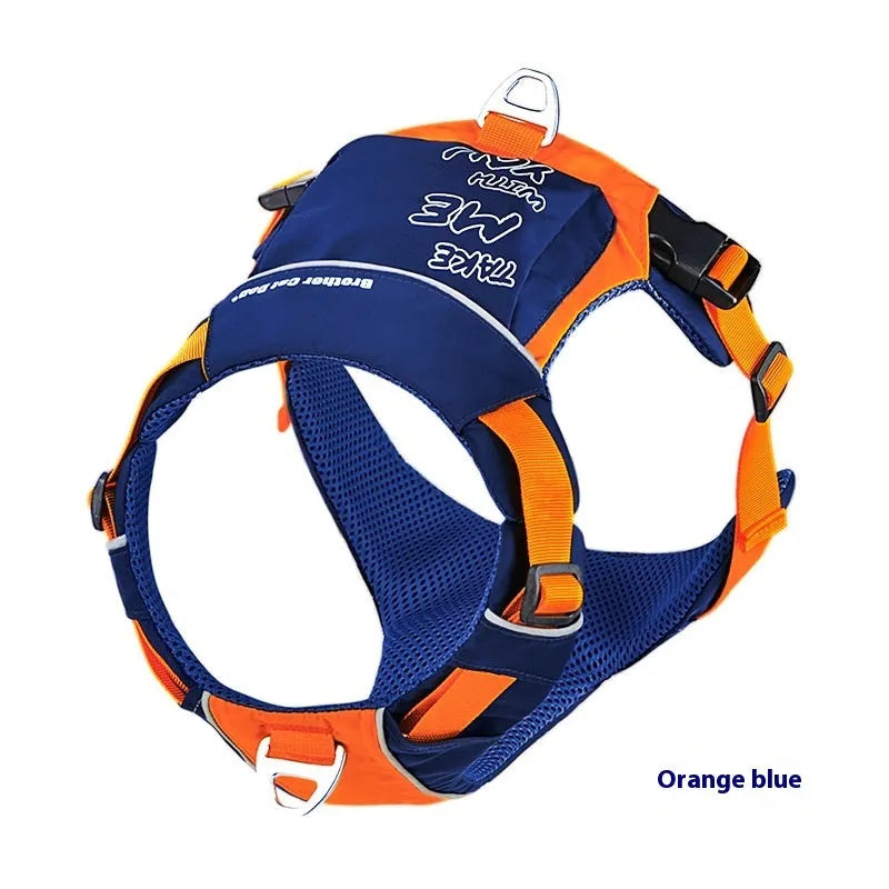 Nylon dog chest strap vest harness with hand rope in orange blue colour