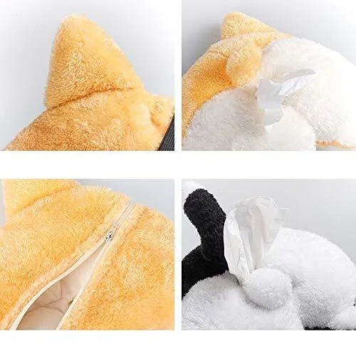 Yellow corgi butt shaped fabric pouch for holding a tissue box, shown with elastic strap for hanging.